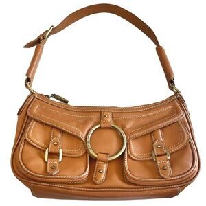 Antonio Melani Y2K Tan Shoulder Bag Chunky Brass Hardwear Purple Interior